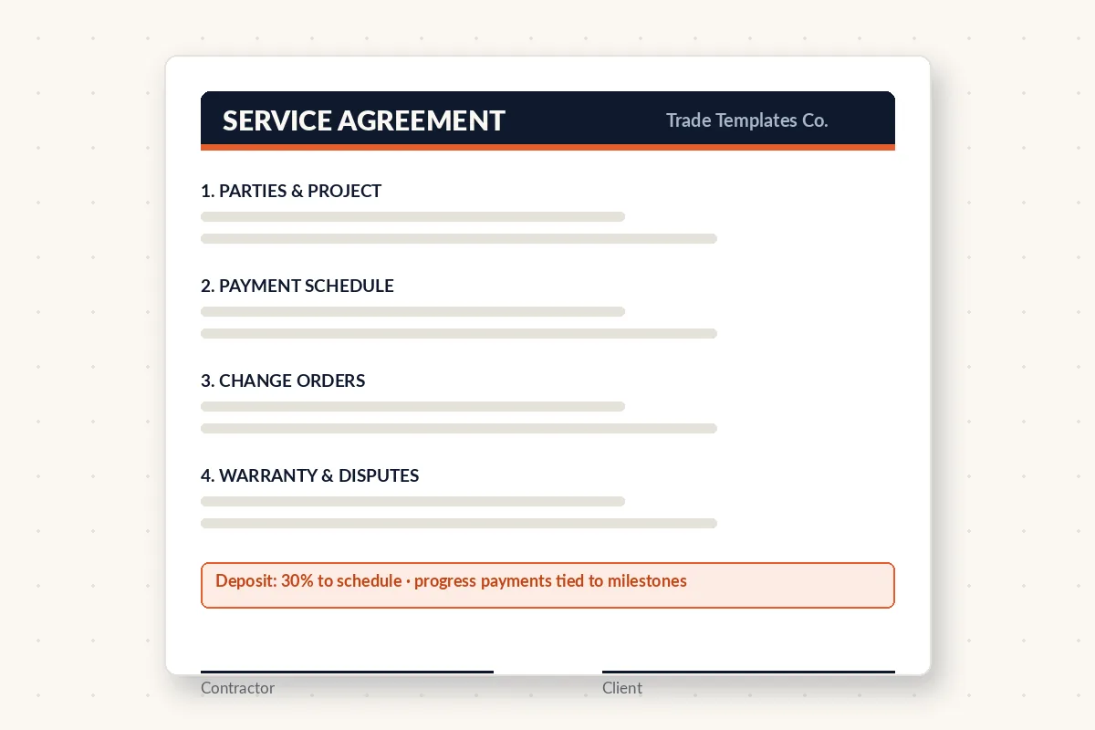 Preview of the contractor contract template with payment schedule, change order and warranty clauses plus signature lines