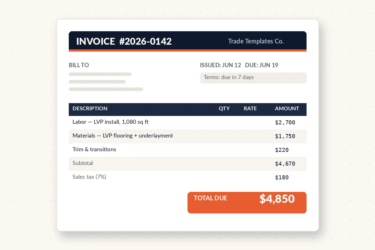 Preview of the free contractor invoice template with itemized labor and materials lines, subtotal, sales tax and a total due box