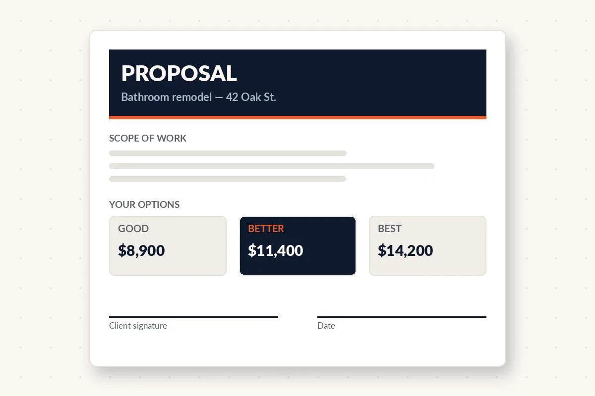 Preview of the contractor proposal template with scope of work section, good-better-best price options and a client signature line