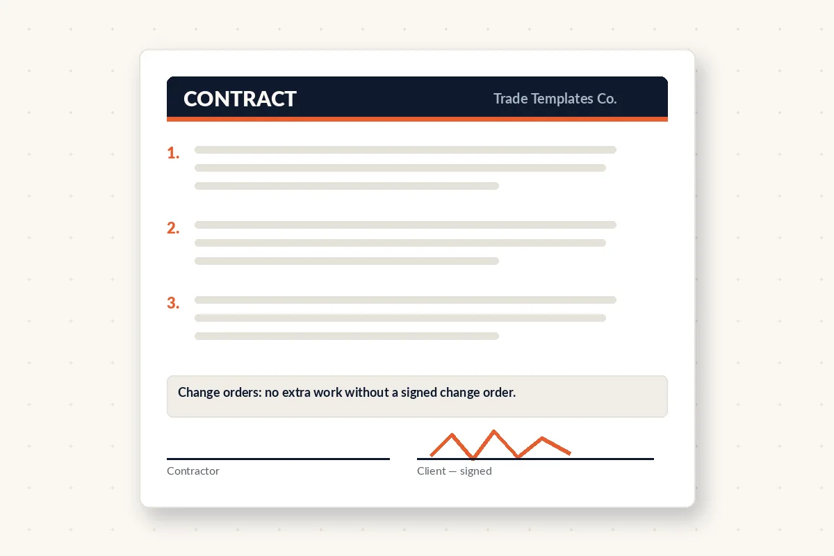 Contractor service agreement with numbered clauses, a change-order callout and a signed client signature line