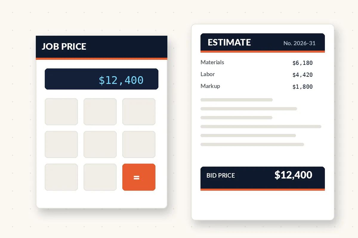 Job pricing calculator beside a finished construction estimate showing materials, labor and markup adding up to the bid price