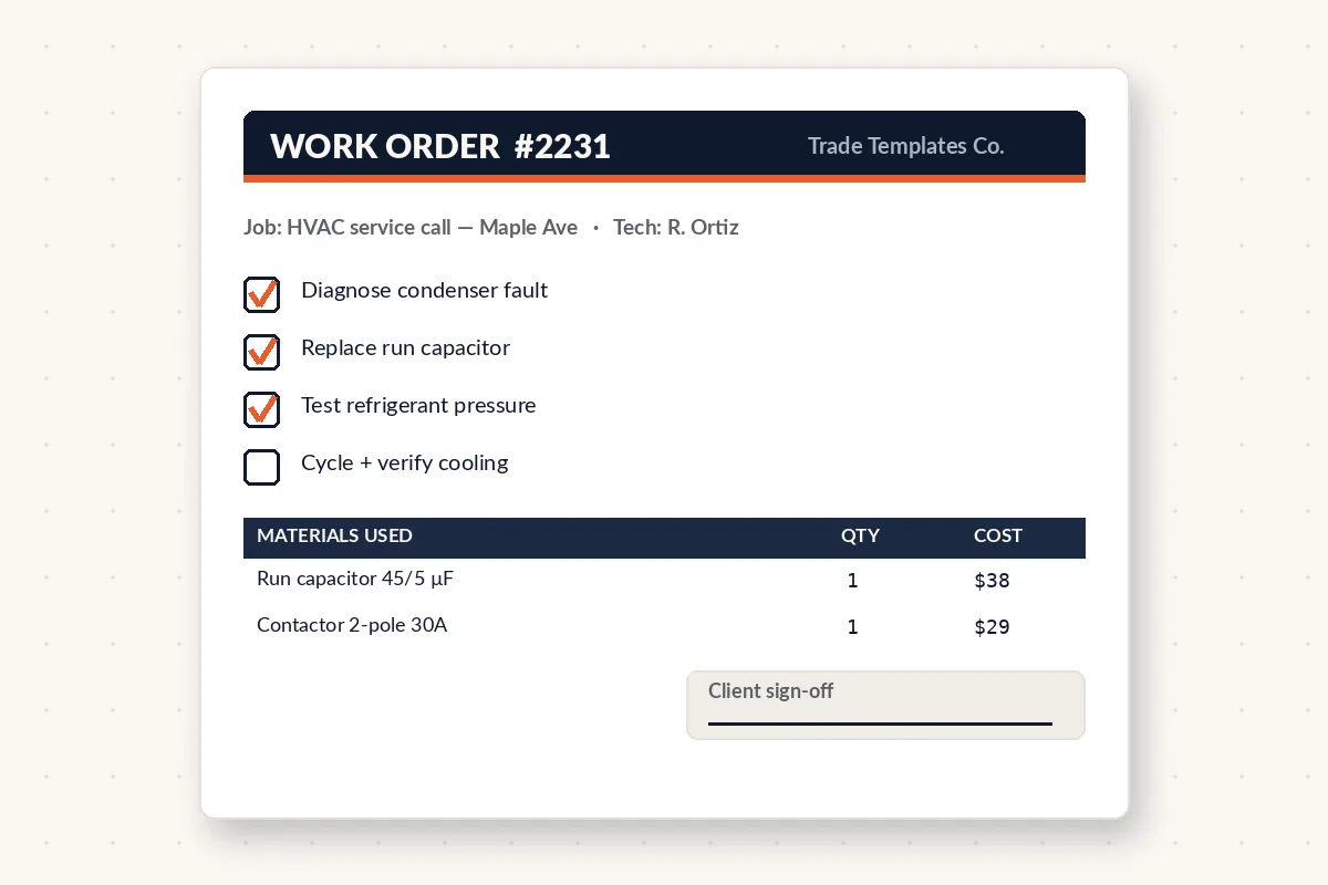 Preview of the contractor work order template with task checklist, materials used table and client sign-off box
